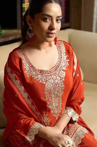 orange chiffon embroidered  stone & sequined semi stitched suit