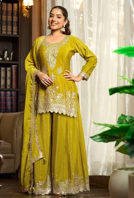 lime green chiffon embroidered  stone & sequined semi stitched suit 1
