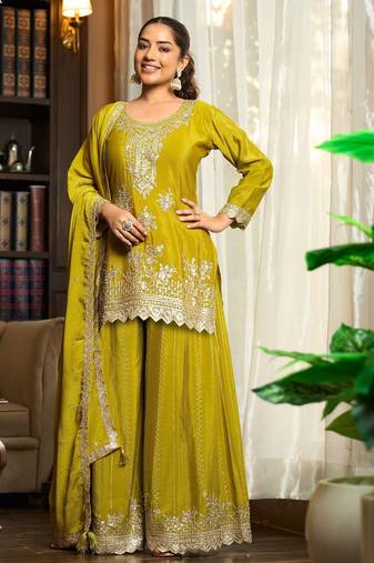 lime green chiffon embroidered  stone & sequined semi stitched suit