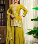 lime green chiffon embroidered  stone & sequined semi stitched suit