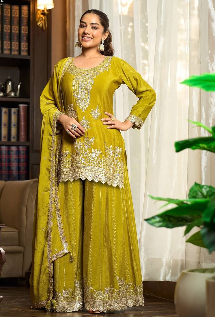 lime green chiffon embroidered  stone & sequined semi stitched suit