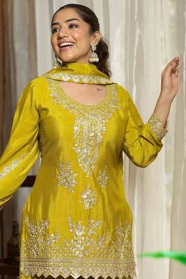 lime green chiffon embroidered  stone & sequined semi stitched suit 2