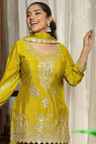 lime green chiffon embroidered  stone & sequined semi stitched suit