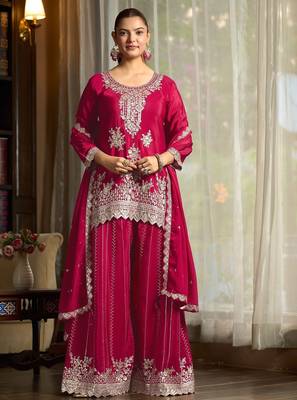 pink chiffon embroidered  stone & sequined semi stitched suit 1