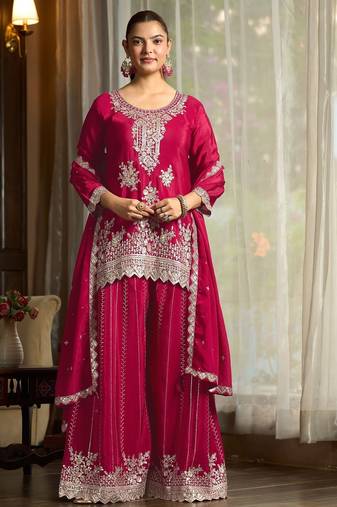 pink chiffon embroidered  stone & sequined semi stitched suit