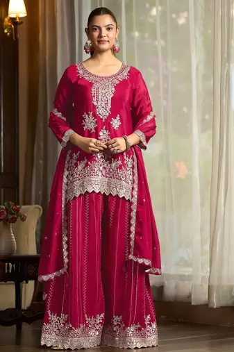 pink chiffon embroidered  stone & sequined semi stitched suit