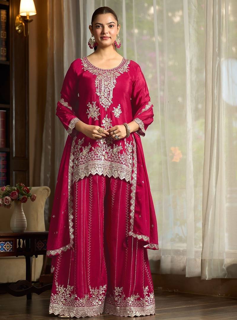 pink chiffon embroidered  stone & sequined semi stitched suit
