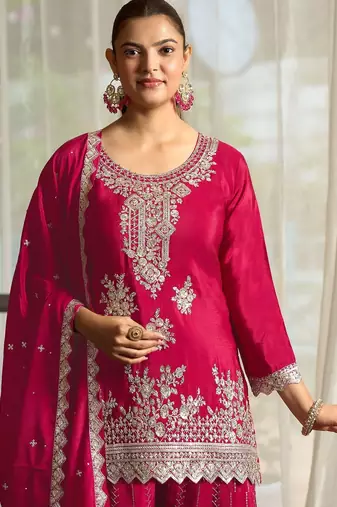 pink chiffon embroidered  stone & sequined semi stitched suit