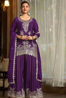 purple chiffon embroidered  stone & sequined semi stitched suit 1