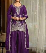 purple chiffon embroidered  stone & sequined semi stitched suit