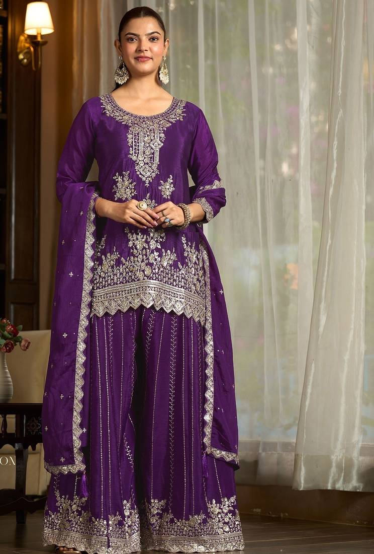 purple chiffon embroidered  stone & sequined semi stitched suit