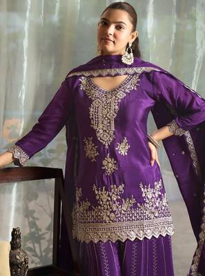 purple chiffon embroidered  stone & sequined semi stitched suit 2
