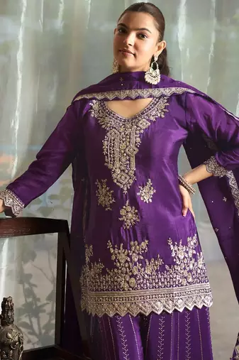 purple chiffon embroidered  stone & sequined semi stitched suit