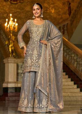 grey silk blend embroidered  mirror & sequined semi stitched suit 1