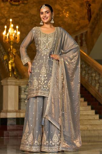 grey silk blend embroidered  mirror & sequined semi stitched suit