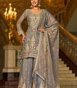 grey silk blend embroidered  mirror & sequined semi stitched suit