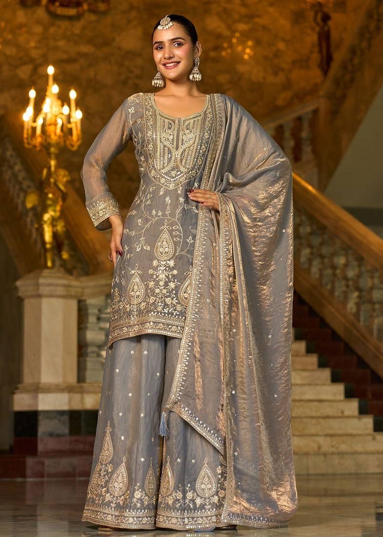 grey silk blend embroidered  mirror & sequined semi stitched suit