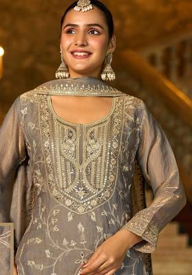 grey silk blend embroidered  mirror & sequined semi stitched suit 2