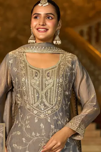 grey silk blend embroidered  mirror & sequined semi stitched suit