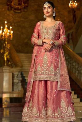 pink silk blend embroidered  mirror & sequined semi stitched suit 1