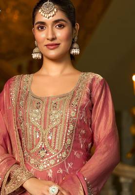 pink silk blend embroidered  mirror & sequined semi stitched suit 2
