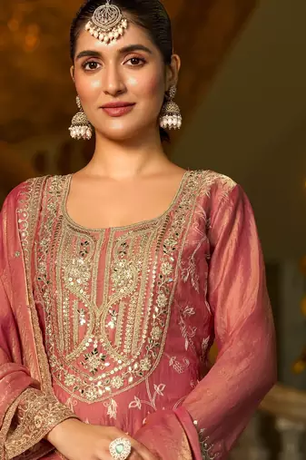 pink silk blend embroidered  mirror & sequined semi stitched suit