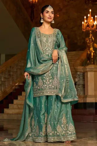 sea green silk blend embroidered  mirror & sequined semi stitched suit