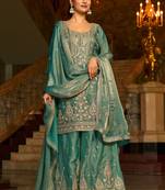 sea green silk blend embroidered  mirror & sequined semi stitched suit