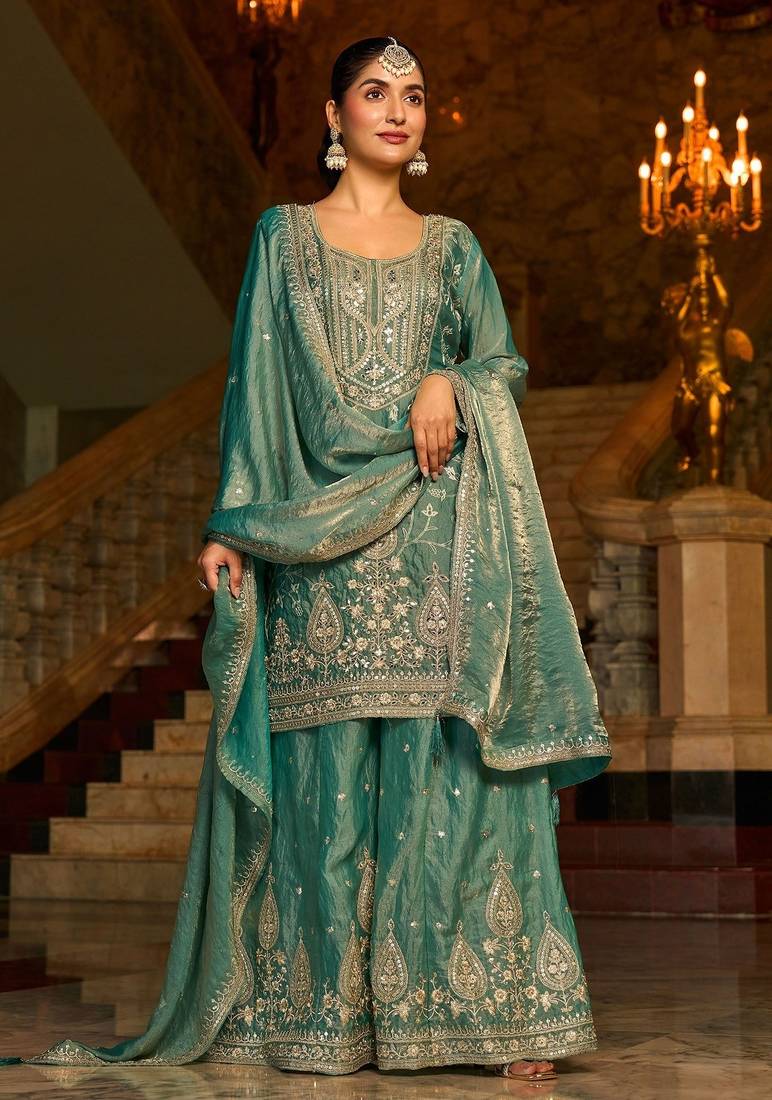 sea green silk blend embroidered  mirror & sequined semi stitched suit
