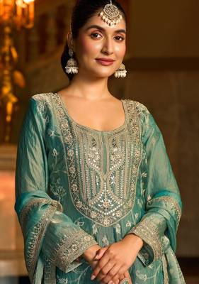 sea green silk blend embroidered  mirror & sequined semi stitched suit 2