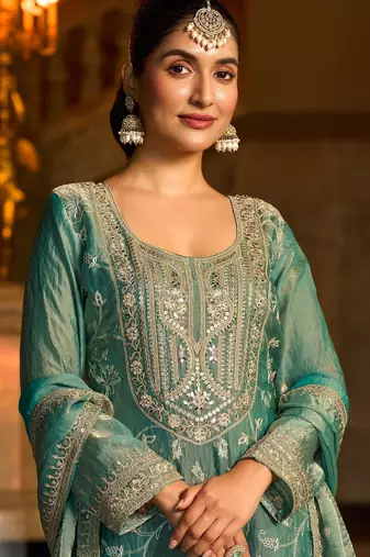sea green silk blend embroidered  mirror & sequined semi stitched suit