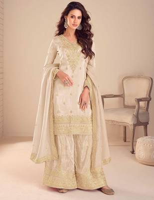 beige silk blend embroidered and sequined semi stitched suit 1