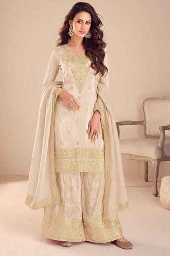 beige silk blend embroidered and sequined semi stitched suit