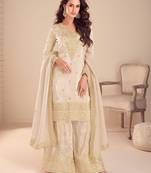beige silk blend embroidered and sequined semi stitched suit