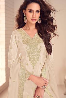 beige silk blend embroidered and sequined semi stitched suit 2