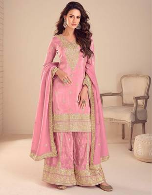 pink silk blend embroidered and sequined semi stitched suit 1