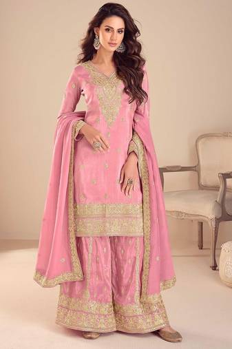 pink silk blend embroidered and sequined semi stitched suit