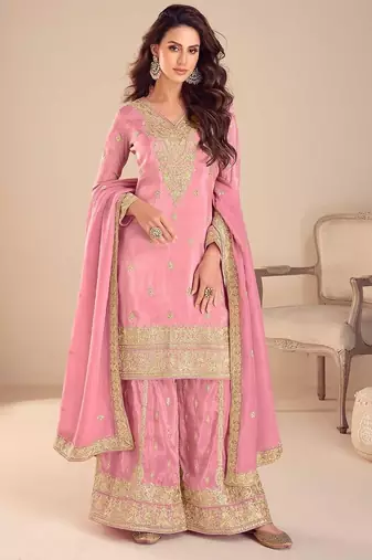 pink silk blend embroidered and sequined semi stitched suit