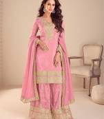 pink silk blend embroidered and sequined semi stitched suit
