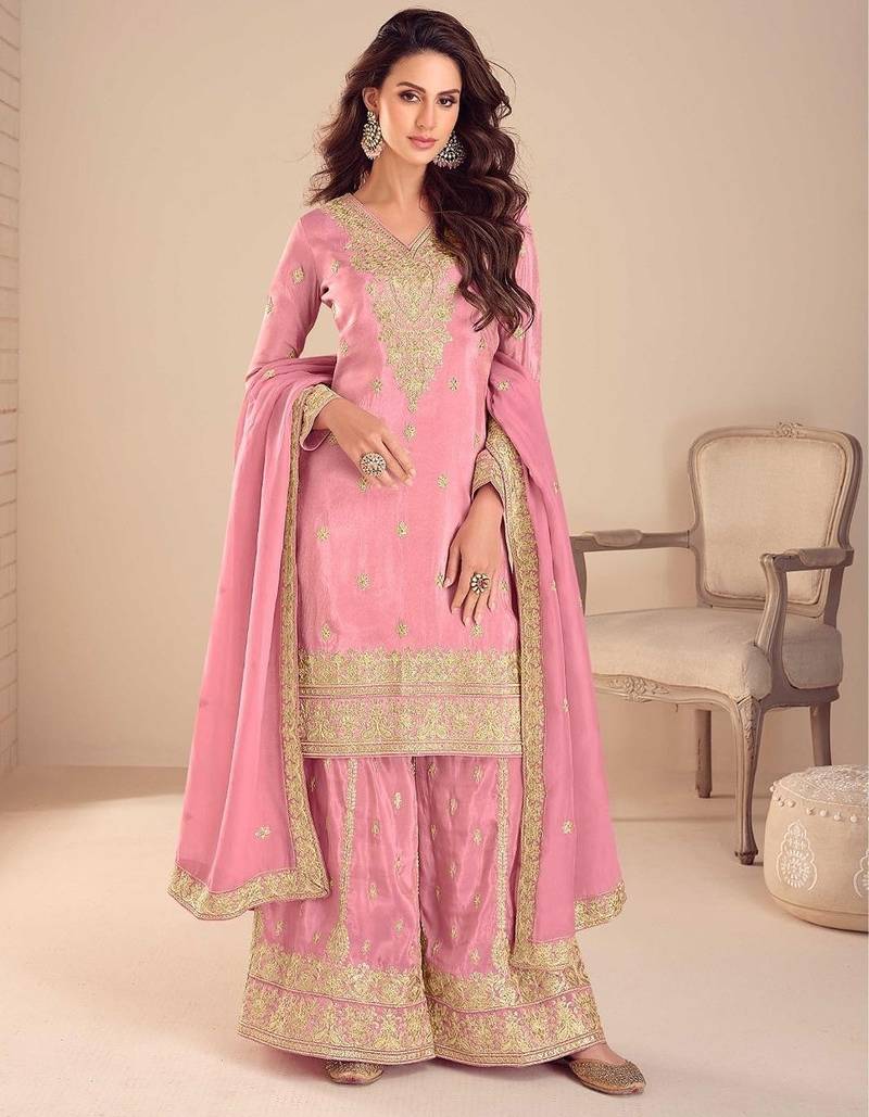 pink silk blend embroidered and sequined semi stitched suit
