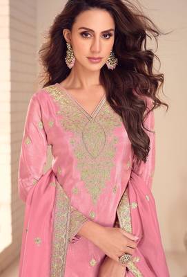 pink silk blend embroidered and sequined semi stitched suit 2