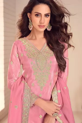 pink silk blend embroidered and sequined semi stitched suit
