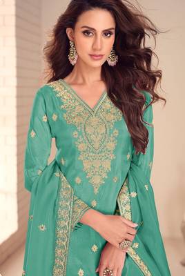 turquoise silk blend embroidered and sequined semi stitched suit 2