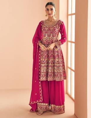 rani pink georgette thread embroidered  sequined semi stitched suit 1