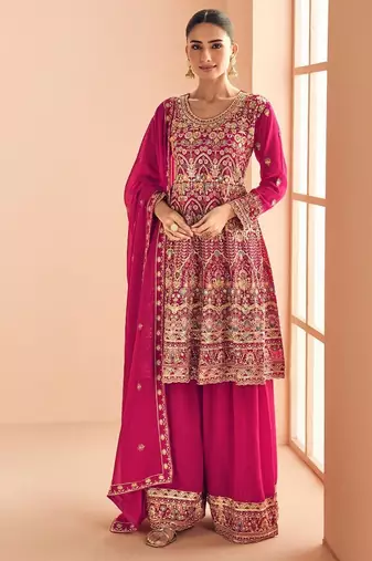 rani pink georgette thread embroidered  sequined semi stitched suit