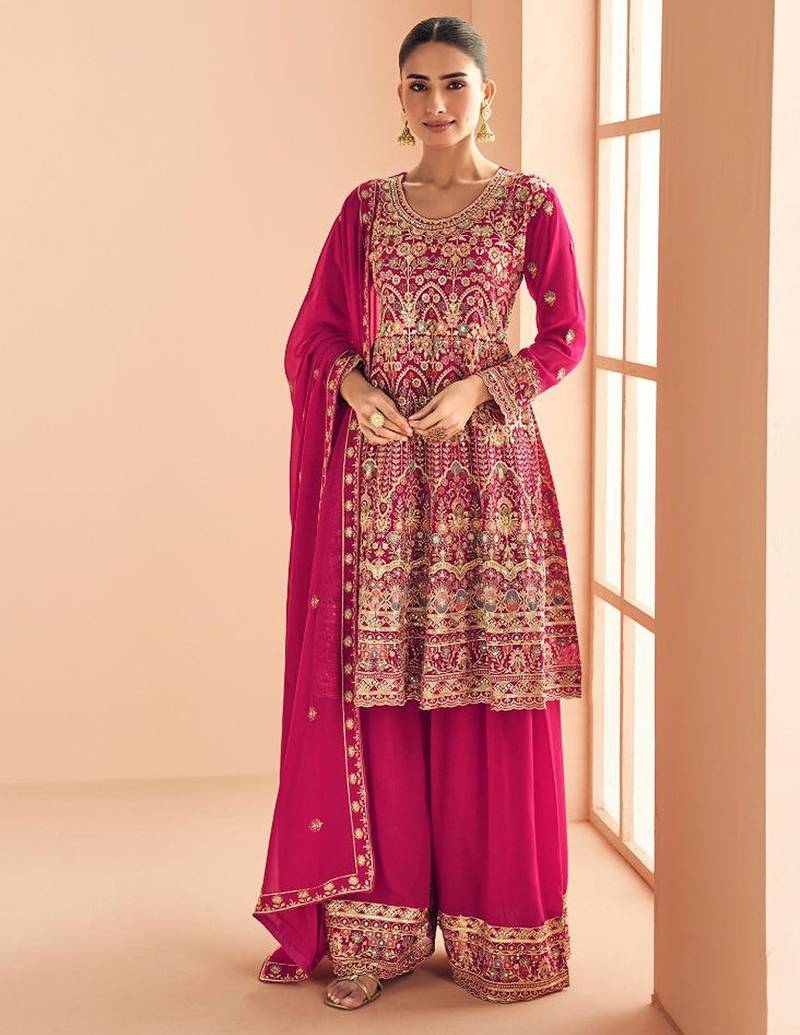 rani pink georgette thread embroidered  sequined semi stitched suit