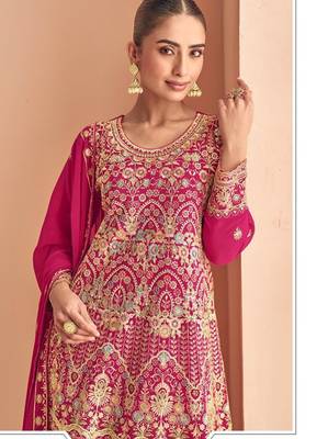 rani pink georgette thread embroidered  sequined semi stitched suit 2