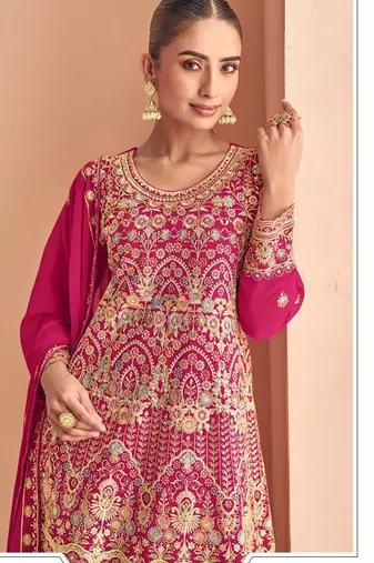 rani pink georgette thread embroidered  sequined semi stitched suit