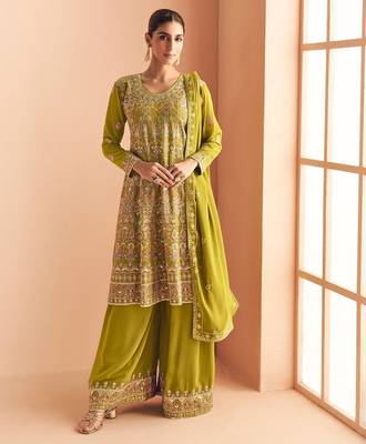 yellow georgette thread embroidered  sequined semi stitched suit 1