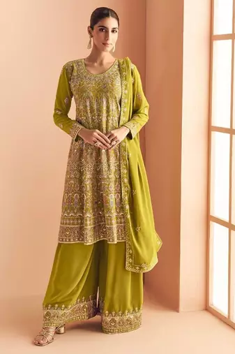 yellow georgette thread embroidered  sequined semi stitched suit